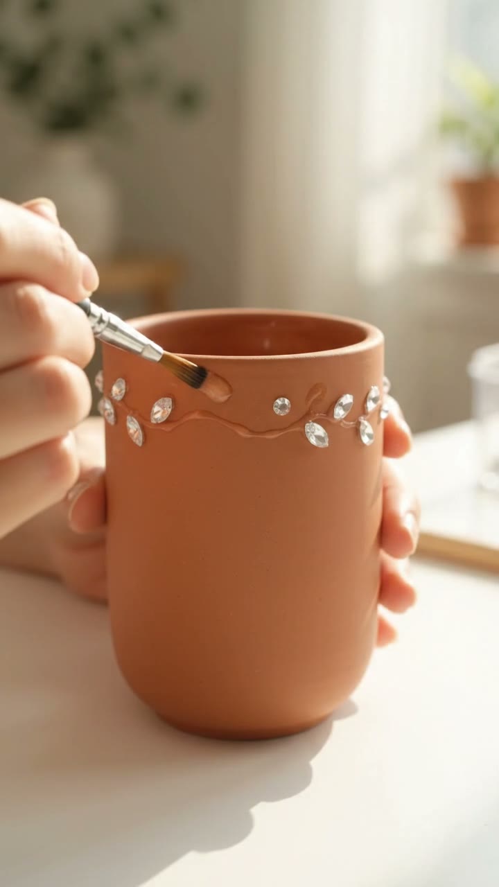 Clear crystal rhinestones poured out then glue applied and gems placed in vine pattern on terracotta tumbler