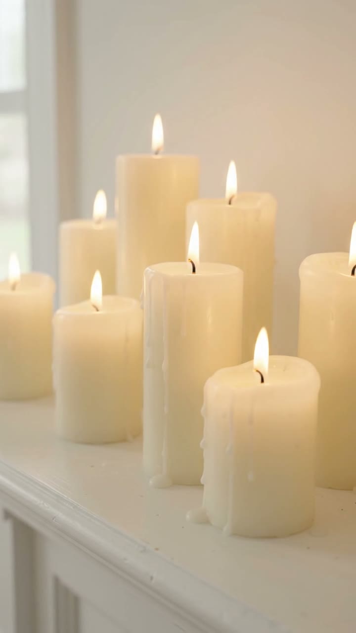 Hand presses remote, nine real wax pillar candles ignite on mantel, candles glow with flickering wicks.
