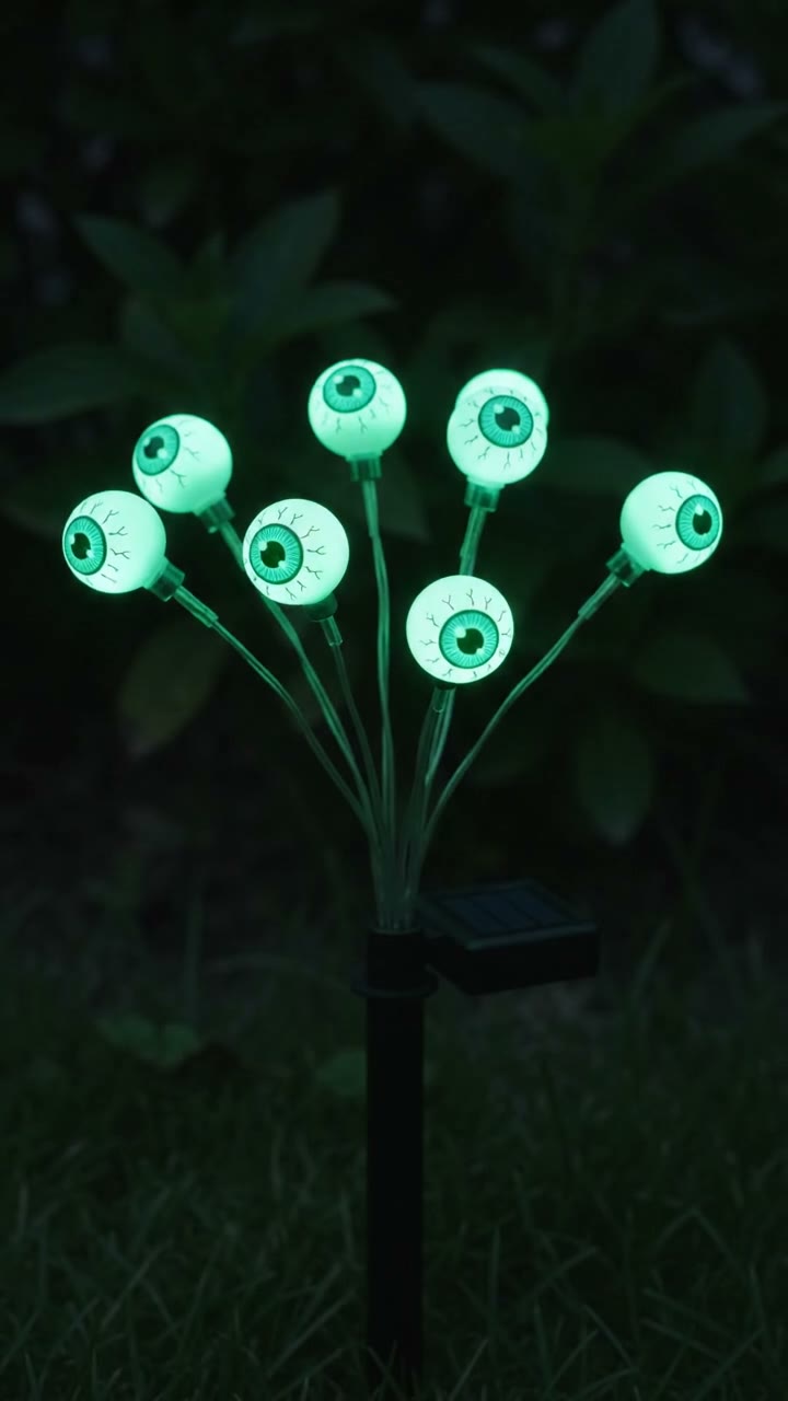 Hand pushes stake into sunny soil, then same stake at night with glowing swaying green eyeballs on a lawn.