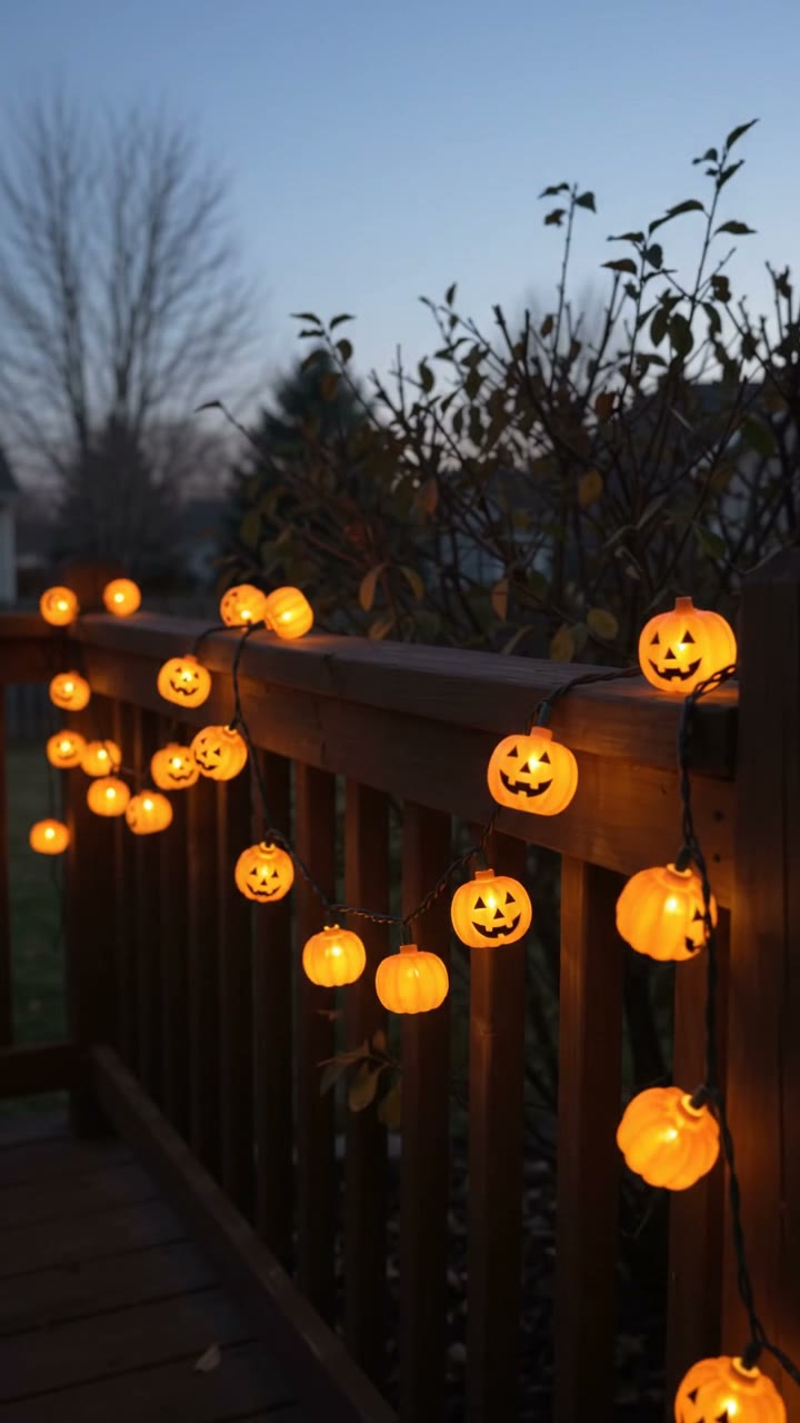 Hands install orange pumpkin LED string lights on a dark patio railing; lights turn on, glowing warmly.