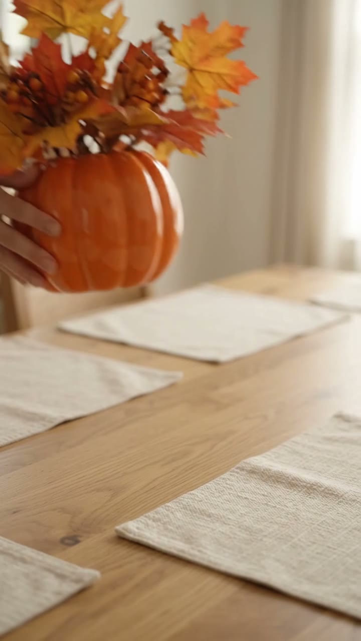 Video shows a bare table then an orange ceramic pumpkin vase filled with autumn stems as a centerpiece.