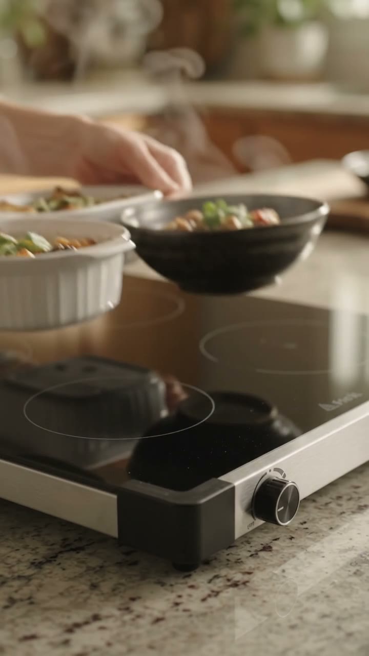 Hands expand the warming tray to full size, then multiple steaming dishes placed on the glass surface.