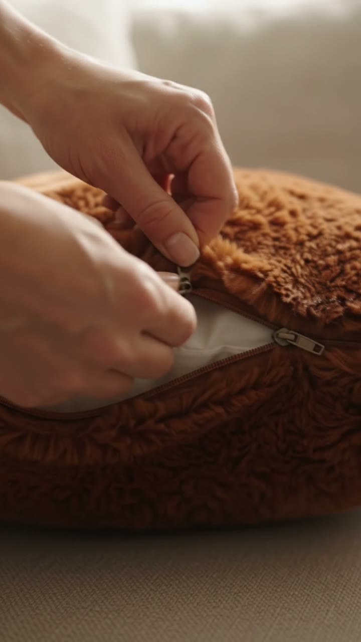 Hands place a rust faux fur pillow cover on a sofa, zip it closed, revealing a fluffy textured pillow.