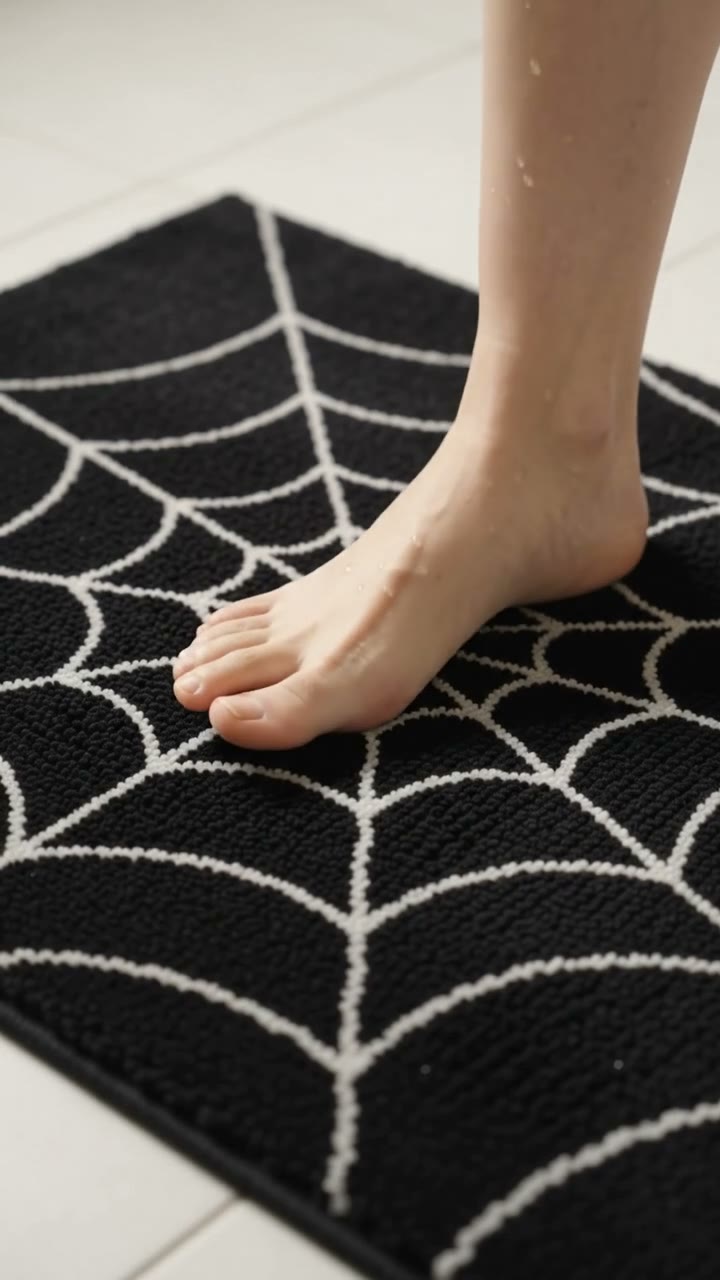 A black rectangular bath mat with white spider web design being unrolled onto a white tile bathroom floor, showing the non-slip backing and plush texture.