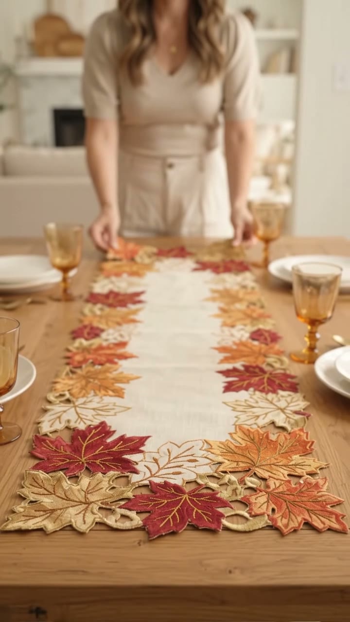 Hands lay a 13x36 inch embroidered fall leaves table runner on a wooden dining table