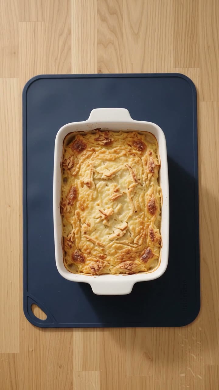 Hands unrolling a navy silicone warming mat onto a countertop, then placing a hot casserole dish on the warm surface.