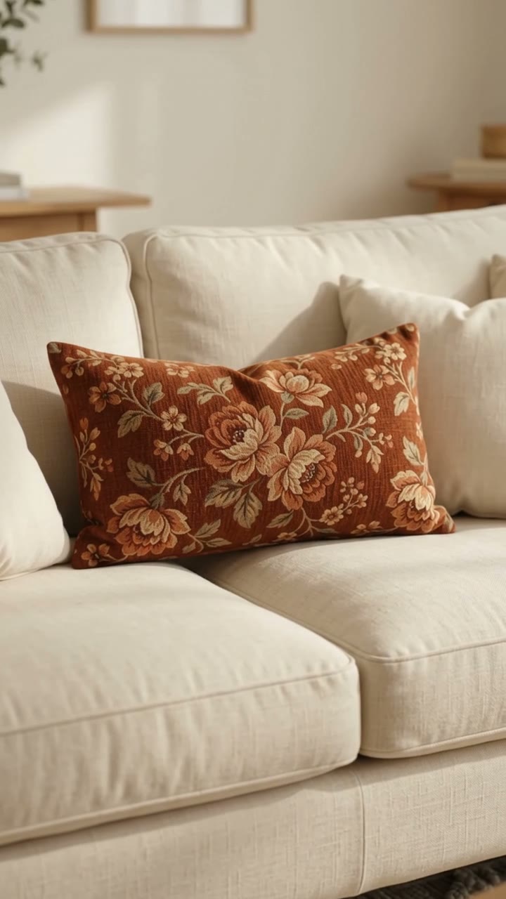 Video shows a neutral sofa then the rust-brown floral lumbar pillow cover centered on it.