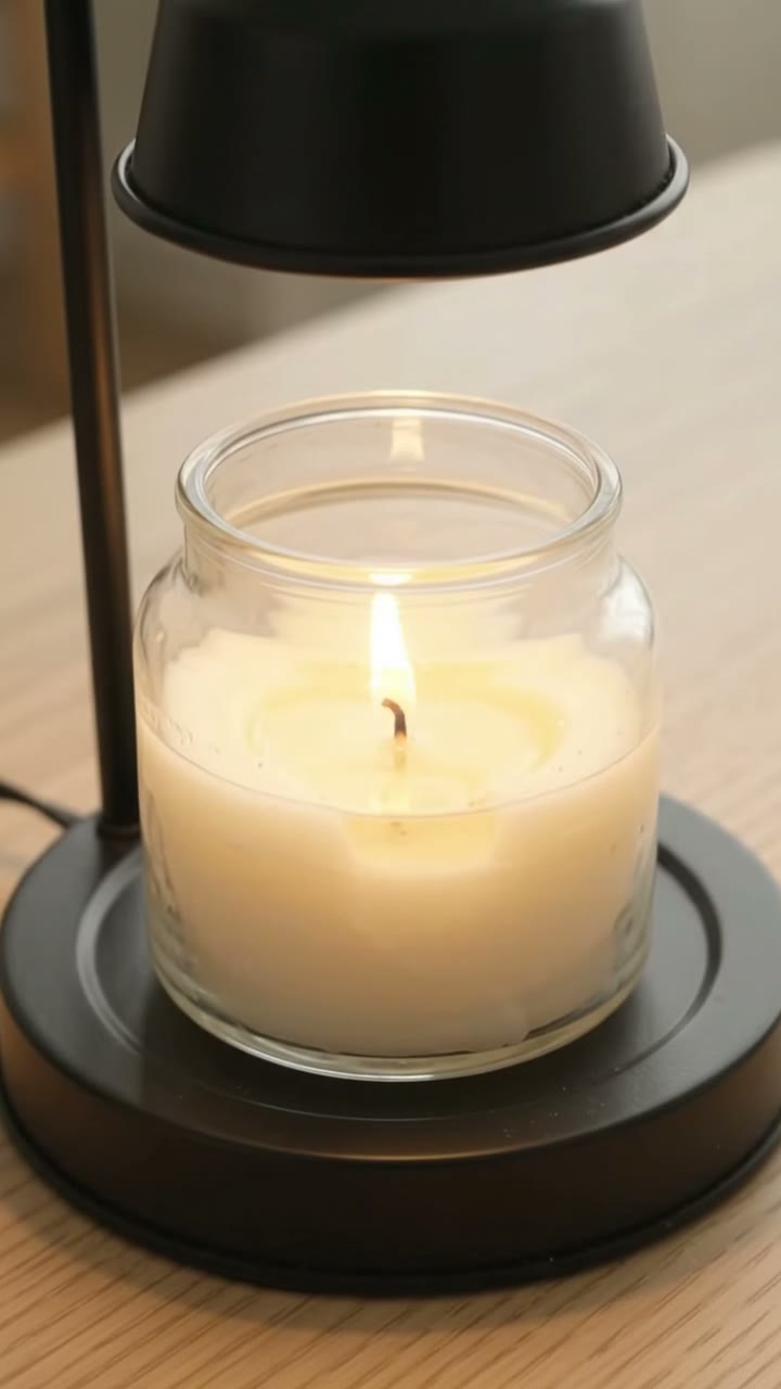 Video shows a smoking traditional candle then the same candle on a metal warmer lamp melting wax cleanly without smoke.
