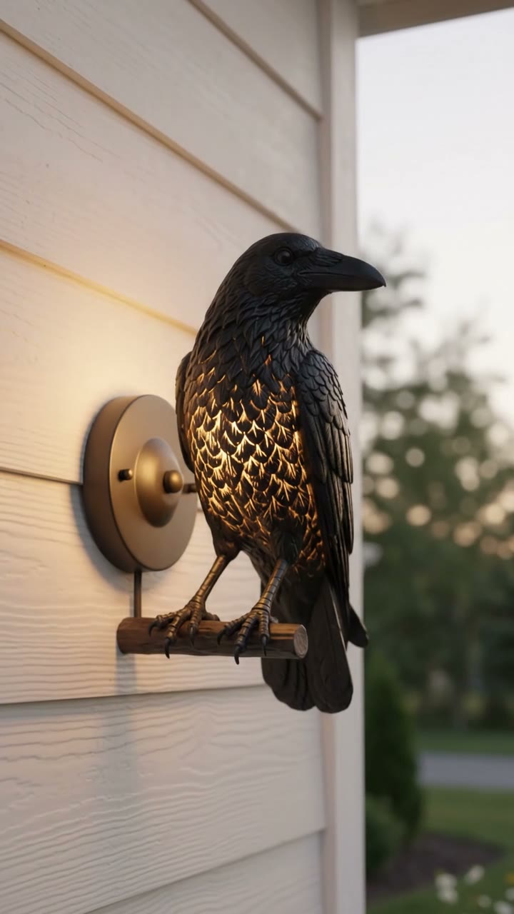 A resin crow wall sconce mounted on an exterior wall, holding a flameless votive that casts warm light and shadow shapes across the siding at dusk.