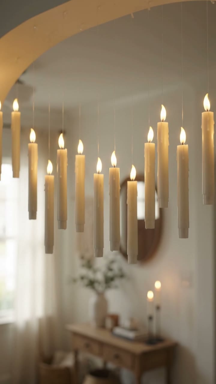 Hand presses wand remote, ten floating LED candles ignite on clear line across an archway.
