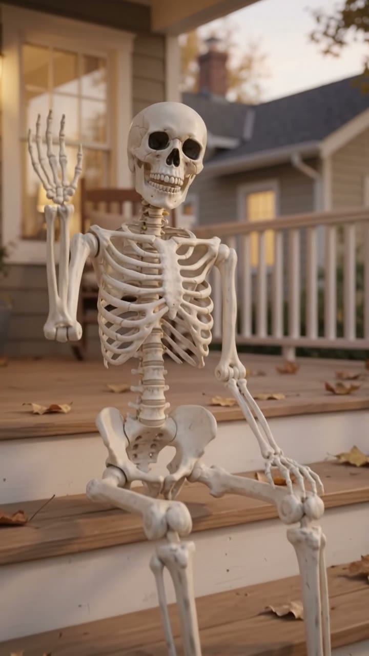 A 5.6-foot tall white plastic skeleton with realistic bones and movable joints being positioned and posed on a front porch at dusk, creating a dramatic Halloween display.
