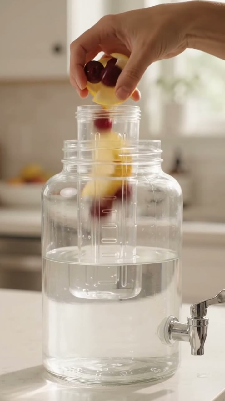 Hand lifts infuser cylinder from glass dispenser, then adds sliced fruit into the cylinder.