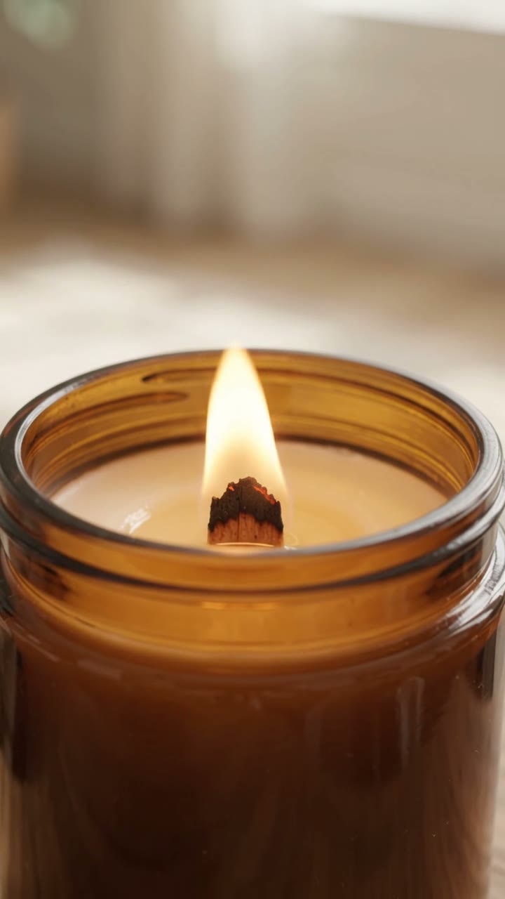 A cherry wooden wick is lit and crackles; the flame glows in an amber glass jar with a lid beside it.