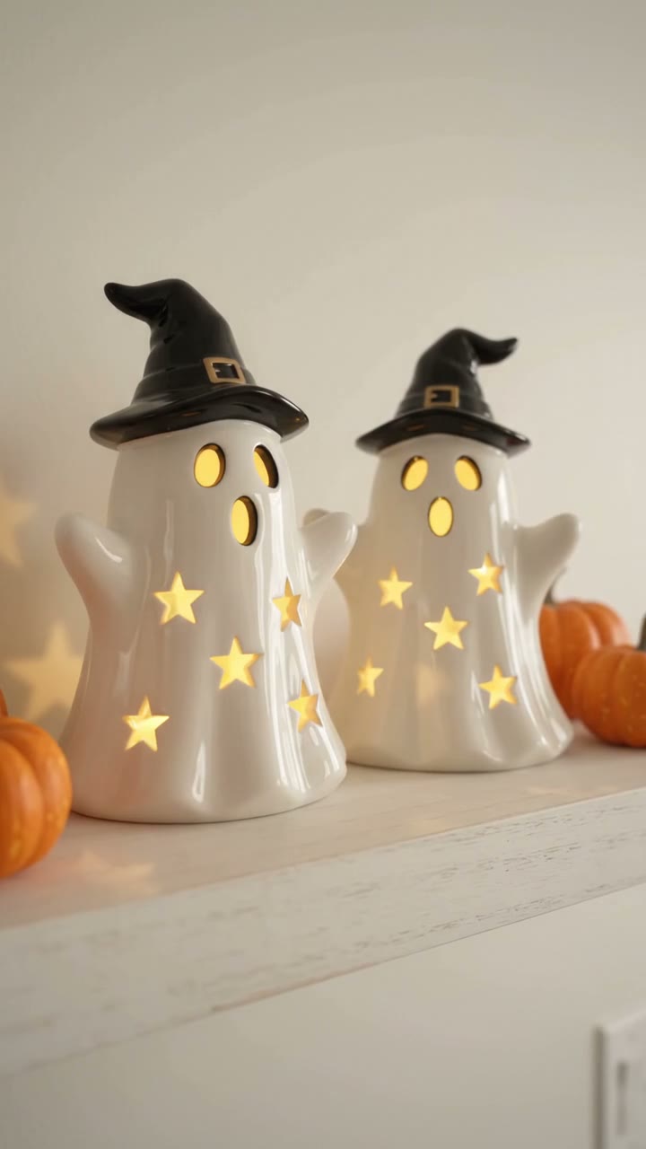 Hands place two ceramic ghost figurines with witch hats on shelf; they light up with glow.