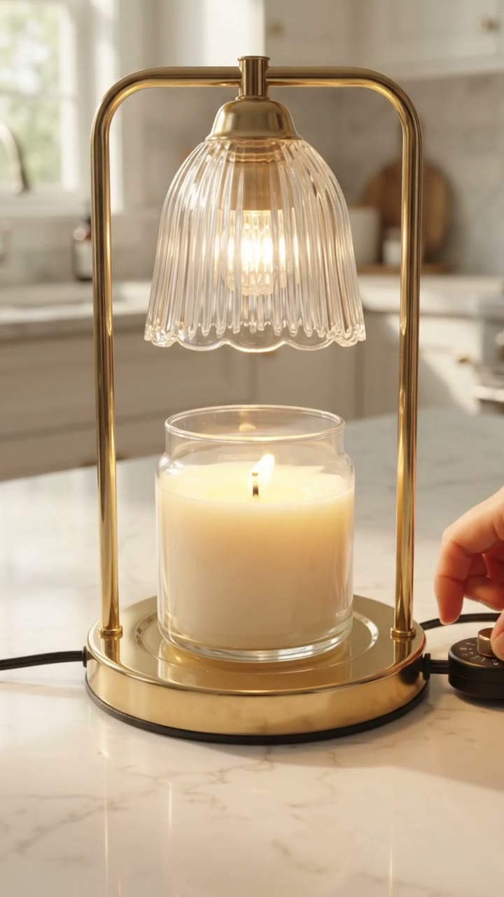 Half-burned tunneled candle on counter; then same candle under fluted glass shade of gold metal frame warmer with wood base, wax melting more evenly to jar edges