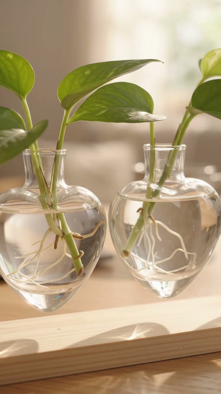 Empty pine propagation stand placed on desk then filled with plant cuttings showing root growth in heart-shaped glass vases