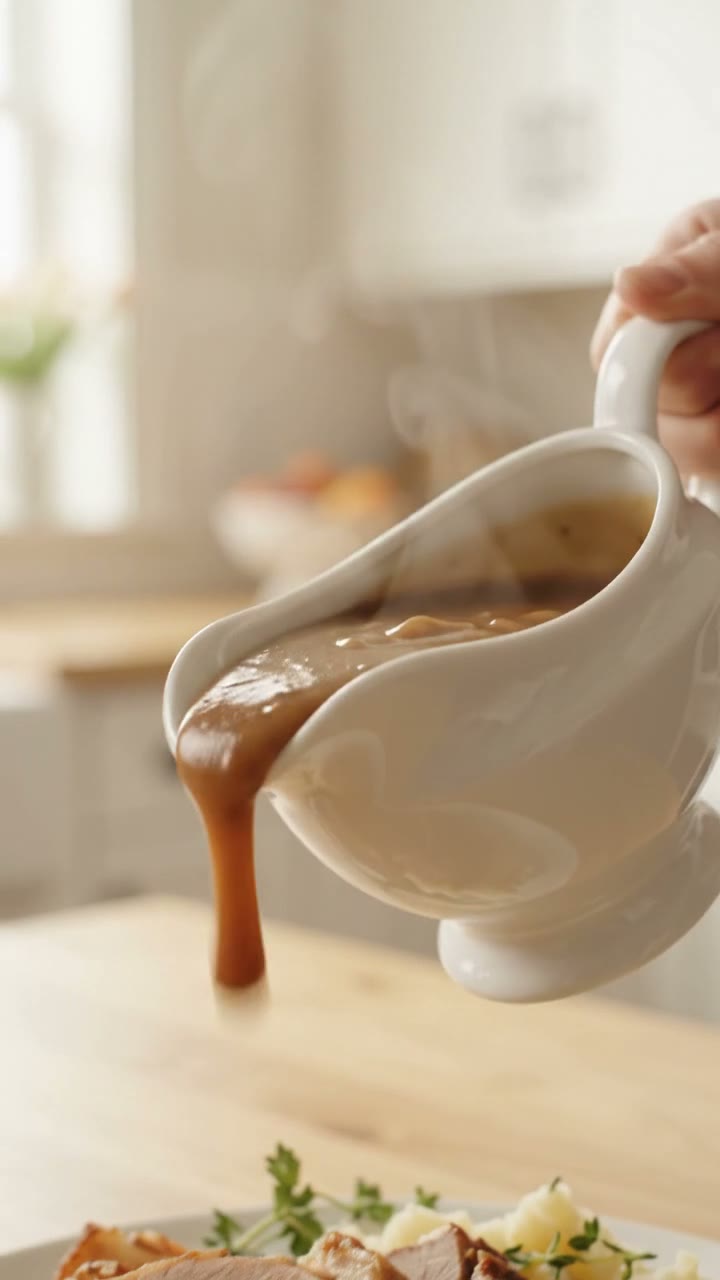 White ceramic gravy boat pouring dark gravy smoothly from spout with no drips on the sides.