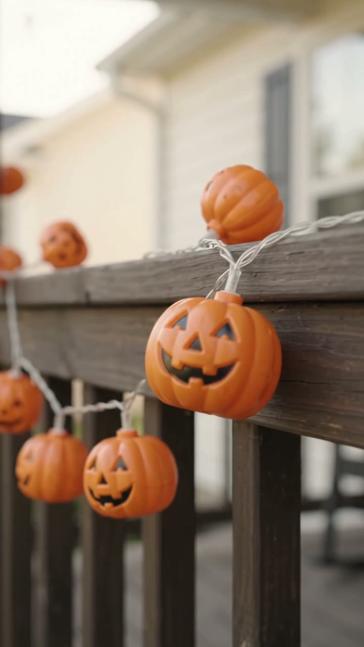 A thumb presses remote buttons; the pumpkin lights change from steady to fade, then dim to soft amber.