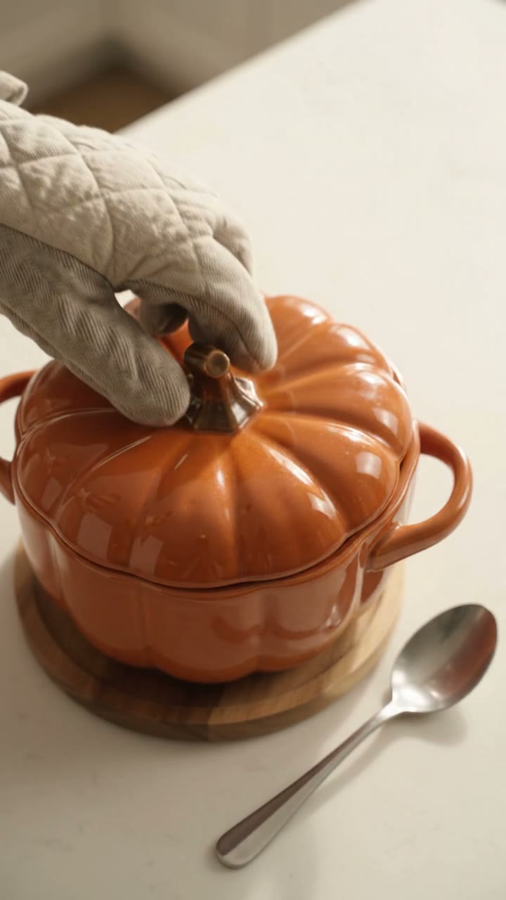 A burnt orange ceramic pumpkin dish with lid moved from oven to table, steam rising