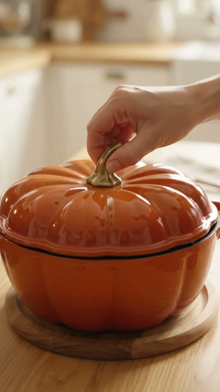 Orange pumpkin-shaped cast iron cocotte with gold stem removed from oven, lid lifted to show soup inside, spoon serving into bowl