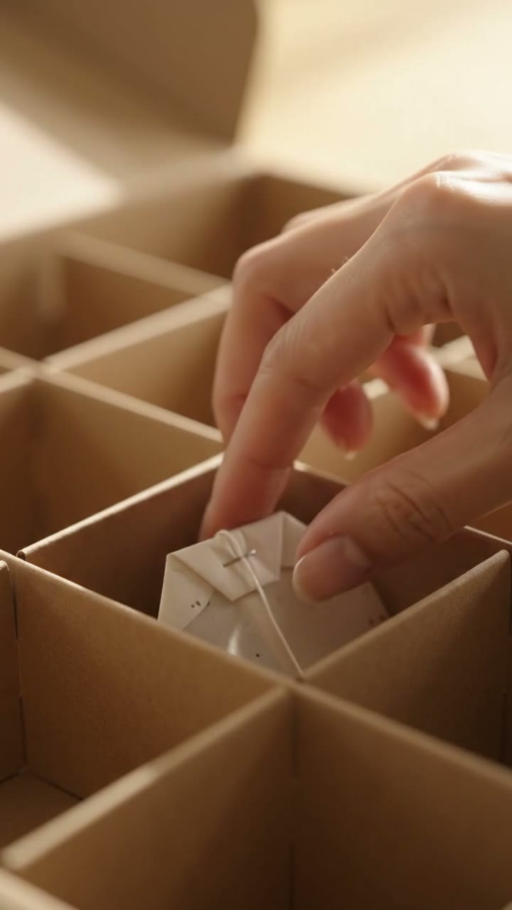 Hands open folding gift box to reveal 24 compartments; hands pull a tea bag from a compartment