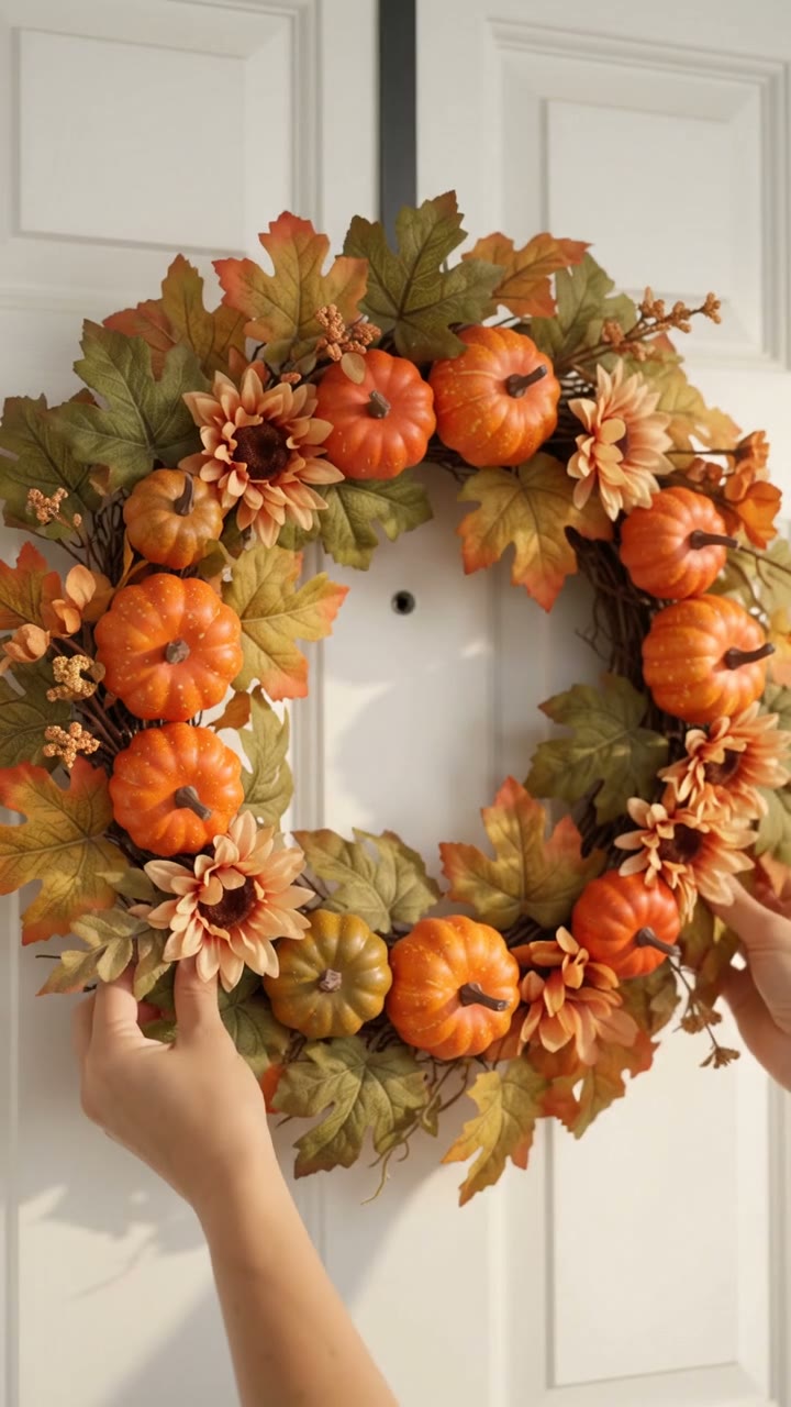 Hands hang a 20-inch artificial fall wreath with mini pumpkins and autumn leaves on a white front door