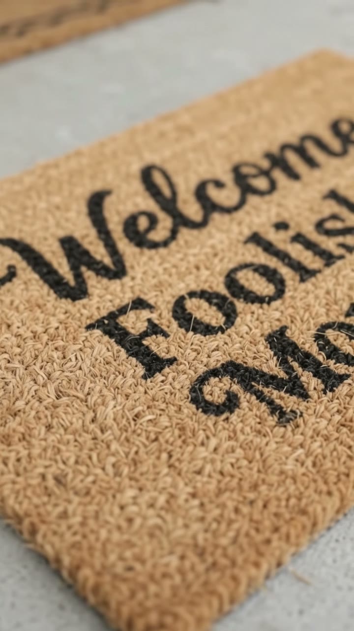 A worn doormat is swept away; the new tan coir mat with black 'Welcome Foolish Mortals' lettering drops into place on the porch.