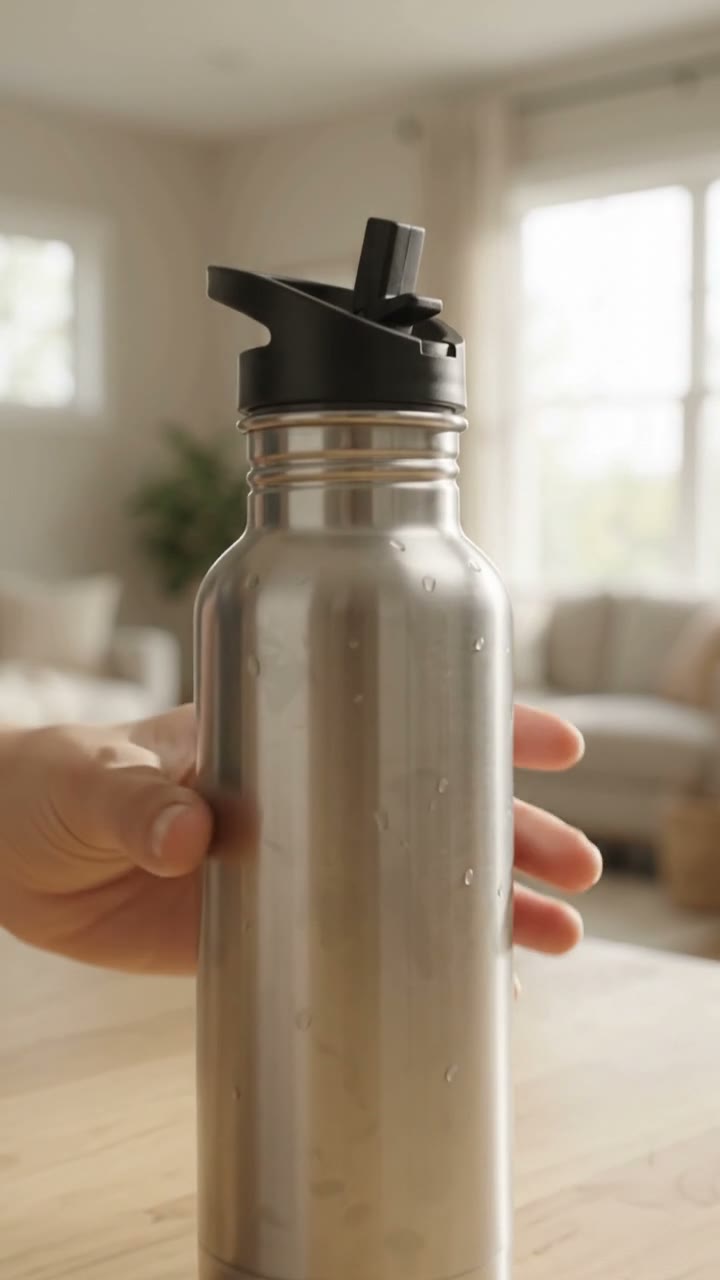 Hand takes a sip from a regular bottle and grimaces, then smiles while drinking from a colored Yeti Rambler 18 oz bottle with straw cap during fall hike