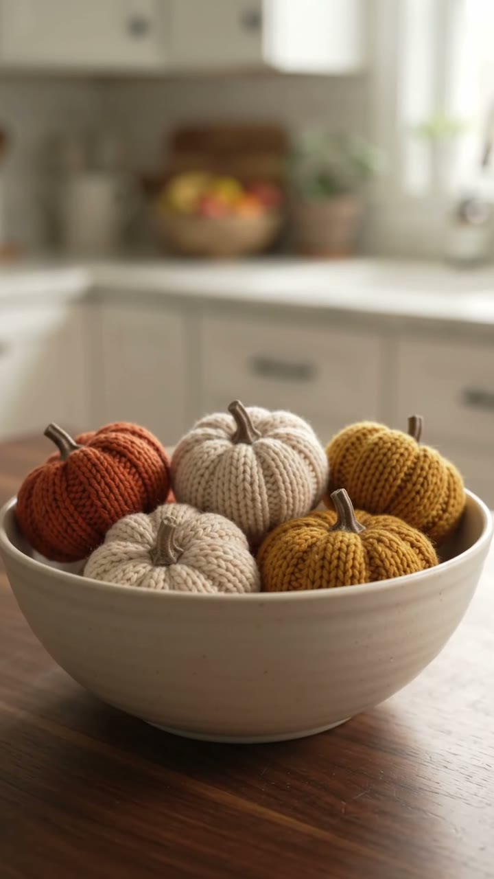 Hands place five mini knit pumpkins in autumn colors into a ceramic bowl; they nestle together softly.
